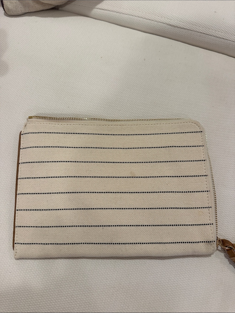 Neiman Marcus Cream Canvas Striped Zip Pouch with Black Pinstripes